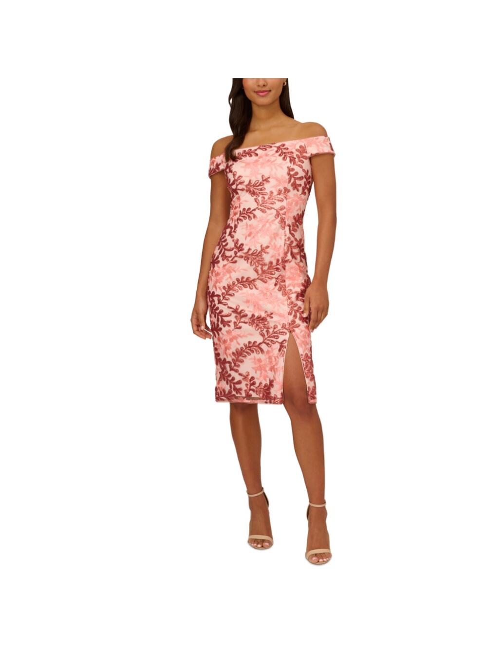 Adrianna Papell Pink Cocktail Dress Sequined Off the Shoulder Midi Sheath Size 8